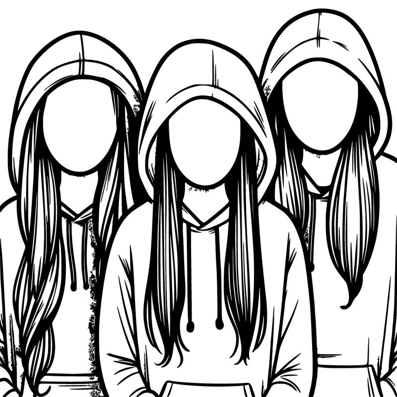 3 faceless people in hoodies with long hair stuffed in their hoodies with no bangs