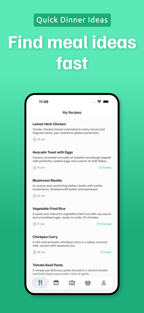 Pantry Pic: Photo to Recipe - Mobile app interface showing a list of recipe ideas with cooking times including lemon herb chicken and avocado toast.