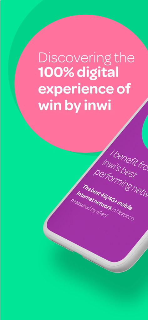 win by inwi - Un écran promotionnel pour win by inwi mettant en avant son expérience mobile 100 % digitale et son réseau 4G au Maroc