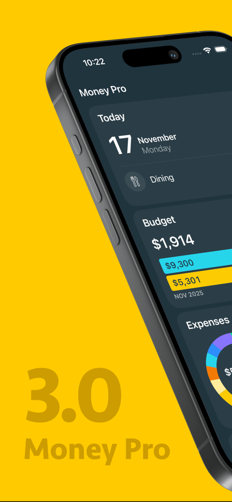 Money Pro 3.0 인터페이스가 스마트폰의 예산 및 지출을 보여줍니다.