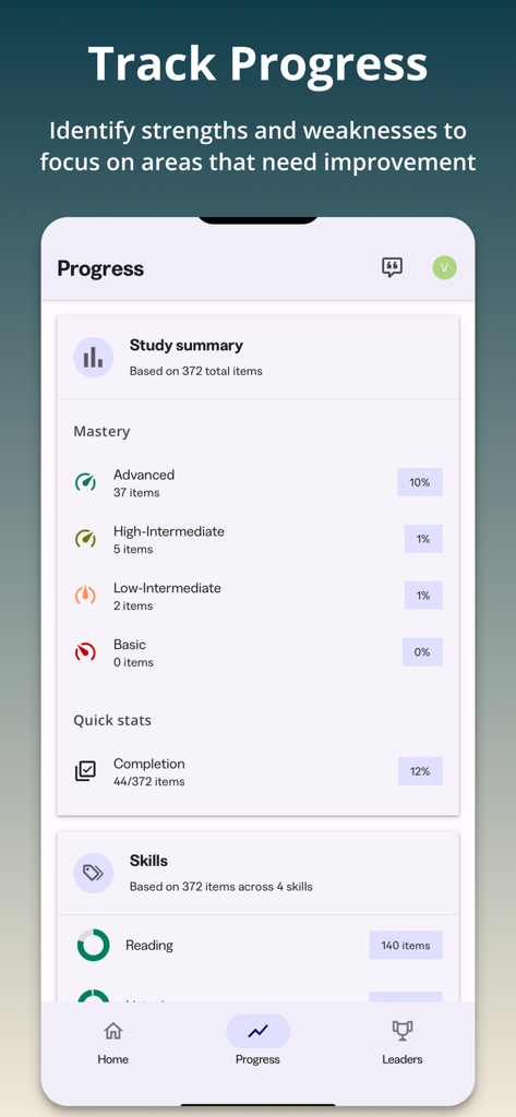 Official TOEFL Practice app screen showing progress tracking with mastery levels and study stats