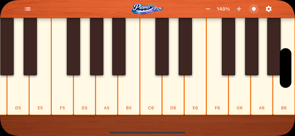 Piano 2026 – Learn piano fast - Une interface de clavier de piano virtuel avec des notes étiquetées et des textures en bois de l'application Piano 2026.
