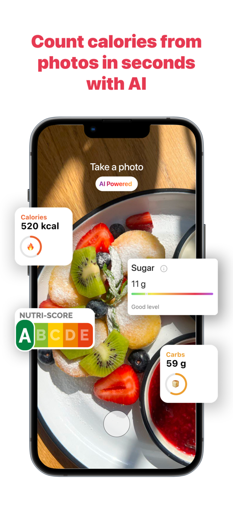 Nutrilogy AIアプリのインターフェース。食事の写真スキャンと即時のカロリー・栄養分析が表示されています。