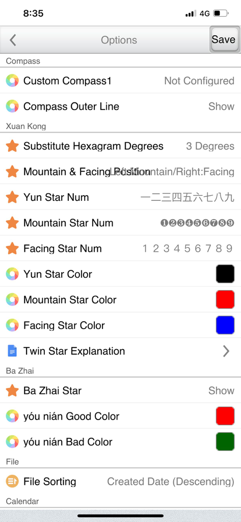 Einstellungsbildschirm der FengShui Transparenter Kompass-App, der Anpassungsoptionen für Xuan Kong- und Ba Zhai-Analysen zeigt.