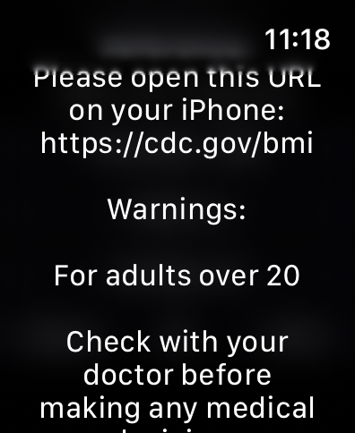 Apple Watch screen showing BMI medical warnings and CDC reference link
