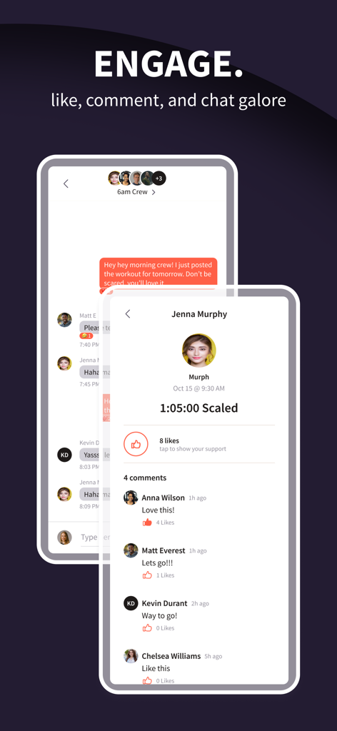 Wodify - Wodifyアプリのインターフェースは、ワークアウト結果へのチャットやコメントを通じたソーシャルエンゲージメントを示しています。