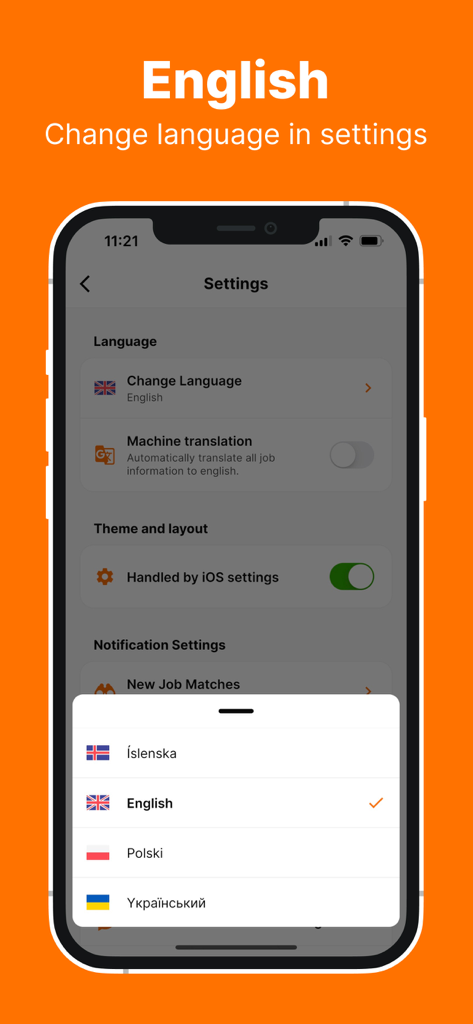 Einstellungsbildschirm der Alfred-Jobsuche-App mit Sprachauswahloptionen für Englisch und Isländisch