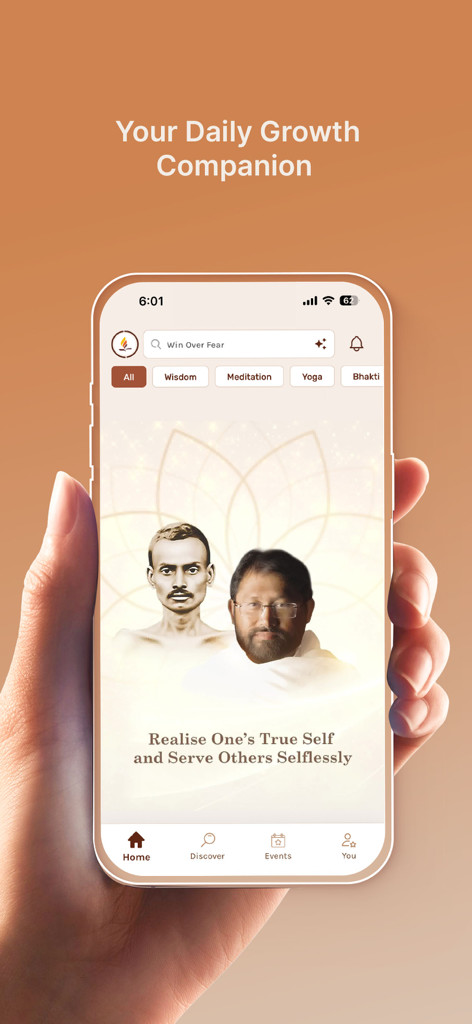 Self Connect by SRMD - Pantalla de inicio de la aplicación Self Connect con categorías de sabiduría espiritual y crecimiento diario