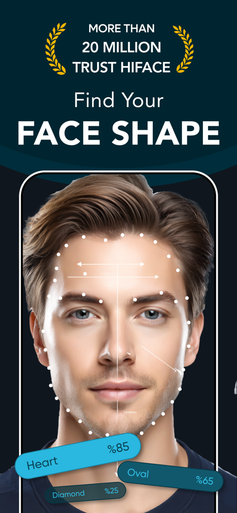 Hiface - Face Shape Finder - 男性の顔にハート型と楕円形の形状のマッチング率を示す、HifaceアプリのAI顔型診断
