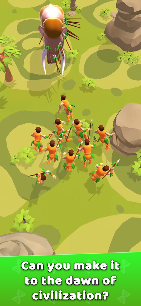 Hyper Evolution - Hombres de las cavernas con lanzas rodeando a un mamut en el juego móvil Hyper Evolution