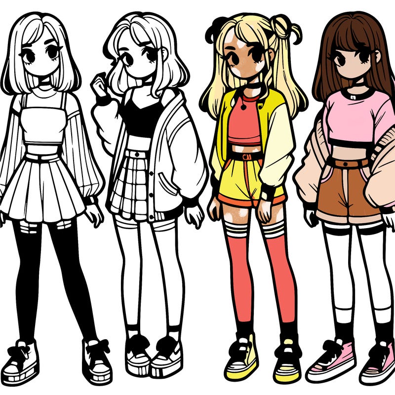 one girl with crop-top shirt and a jacket with a skirt, long socks and another girl with a shirt and pants with a jacket