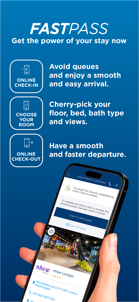 Smartphone showing NH Hotel Group app Fastpass features for online check-in and room selection