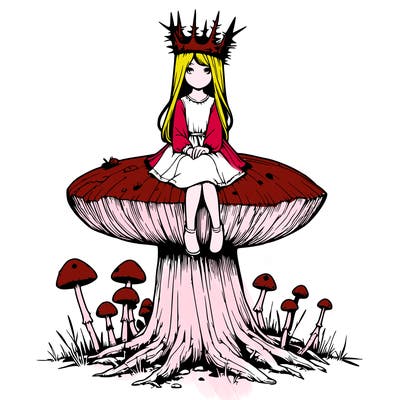 realistic girl sitting on a huge tree stump size toadstool with thorn crown