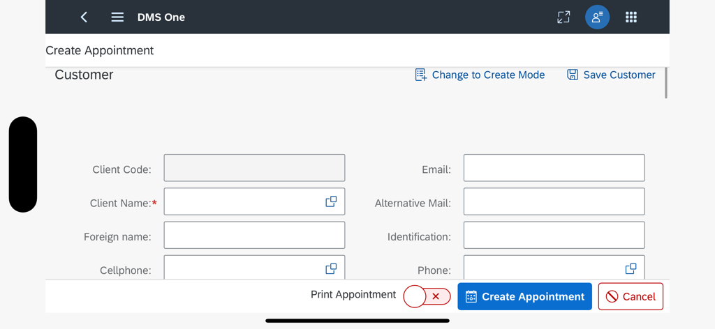DMS One Mobile - The create appointment screen in the DMS One Mobile app showing customer contact fields like name email and phone number