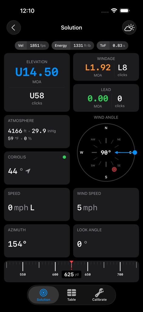Shooter ballistic calculator solution screen with elevation and windage data