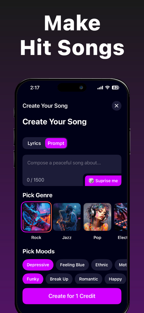 Interface of Banger AI Music Generator showing song creation options like genre and mood