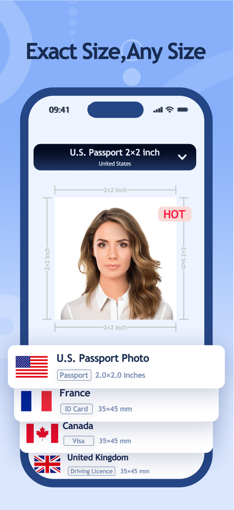 Interfaccia dell'app Mei ID Photo che mostra le dimensioni delle foto per passaporto USA e le opzioni per i requisiti di documenti d'identità di Francia, Canada e Regno Unito