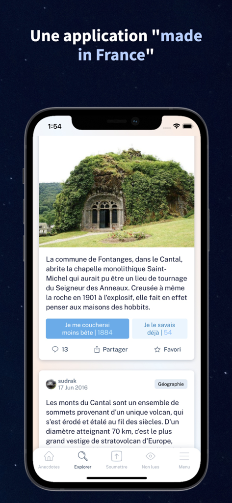 Se Coucher Moins Bête - Mobile app interface of Se Coucher Moins Bete showing a trivia anecdote about a historic chapel in France.