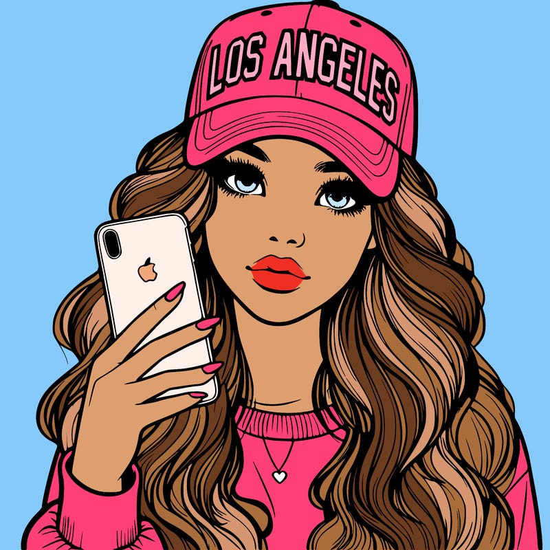realistic beautiful girl wearing los ángeles cap holding an iphone