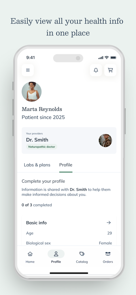 Fullscript - Fullscript mobile app profile screen showing a patient name healthcare provider and health information