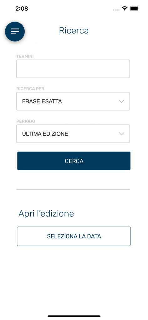 Suchoberfläche der La Provincia di Cremona App mit Stichwortfiltern und Datumsauswahl für das Zeitungsarchiv.