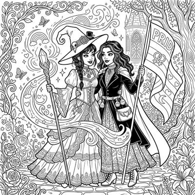 Dive into a magical world where gothic elegance meets the vibrant spirit of Pride. This unique coloring page features two stunning witches celebrating love and diversity in exquisite Victorian attire.