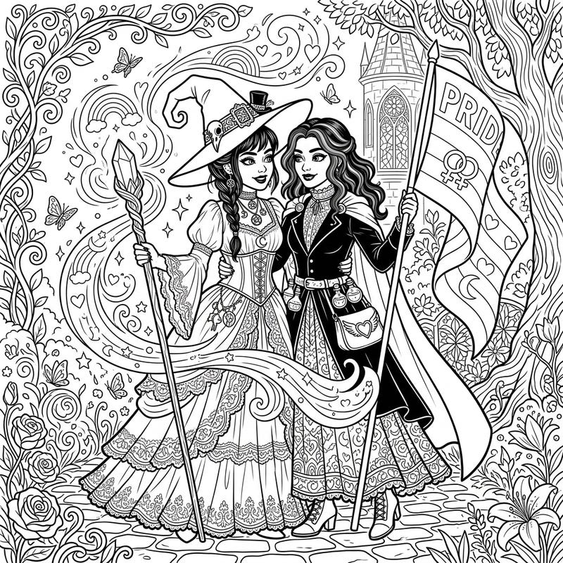 Dive into a magical world where gothic elegance meets the vibrant spirit of Pride. This unique coloring page features two stunning witches celebrating love and diversity in exquisite Victorian attire.