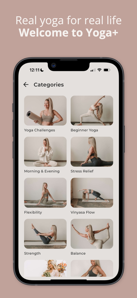 Yoga Plus by Mary mobile app interface displaying a variety of yoga categories including beginner yoga and stress relief.
