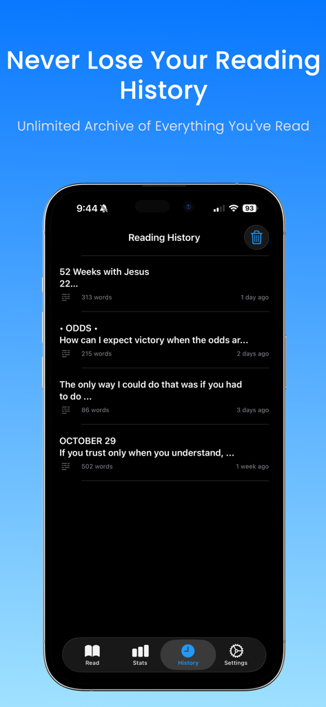 Scholarly - Smart Reading AI - A mobile interface of the Scholarly app showing the Reading History section with an archive of previously read documents and articles.