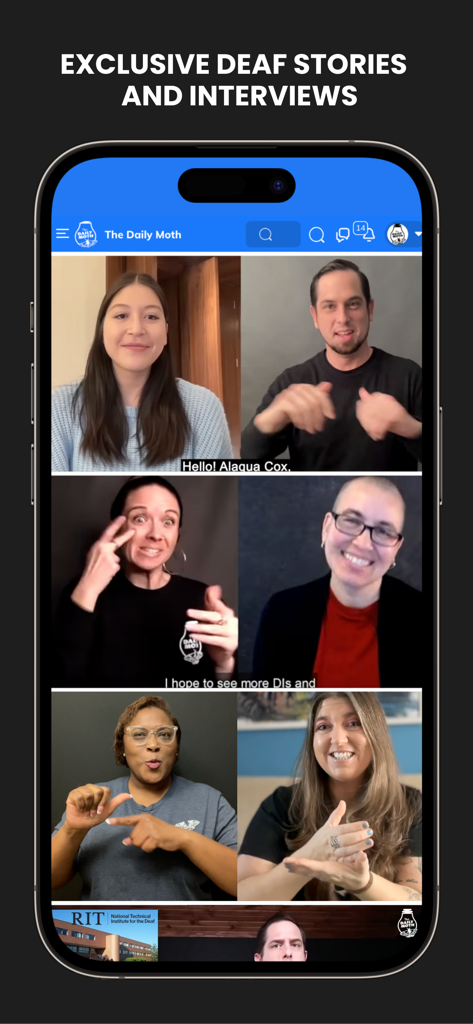 A grid of video interviews featuring people signing in American Sign Language on The Daily Moth app.