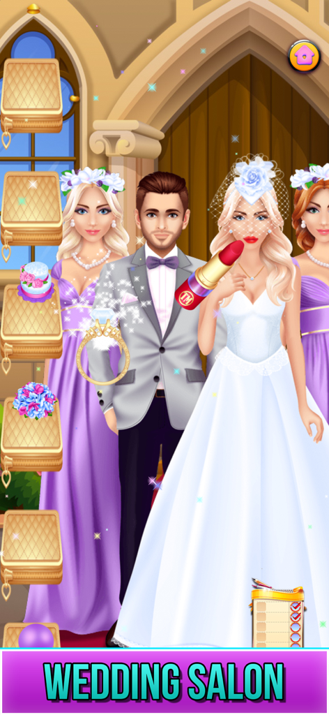 A wedding salon scene featuring a bride, groom, and bridesmaids with makeup tools in the Make Up Makeover Salon Party app.