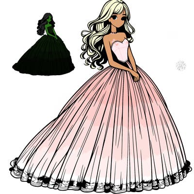 realistic girl in very long ball dress.