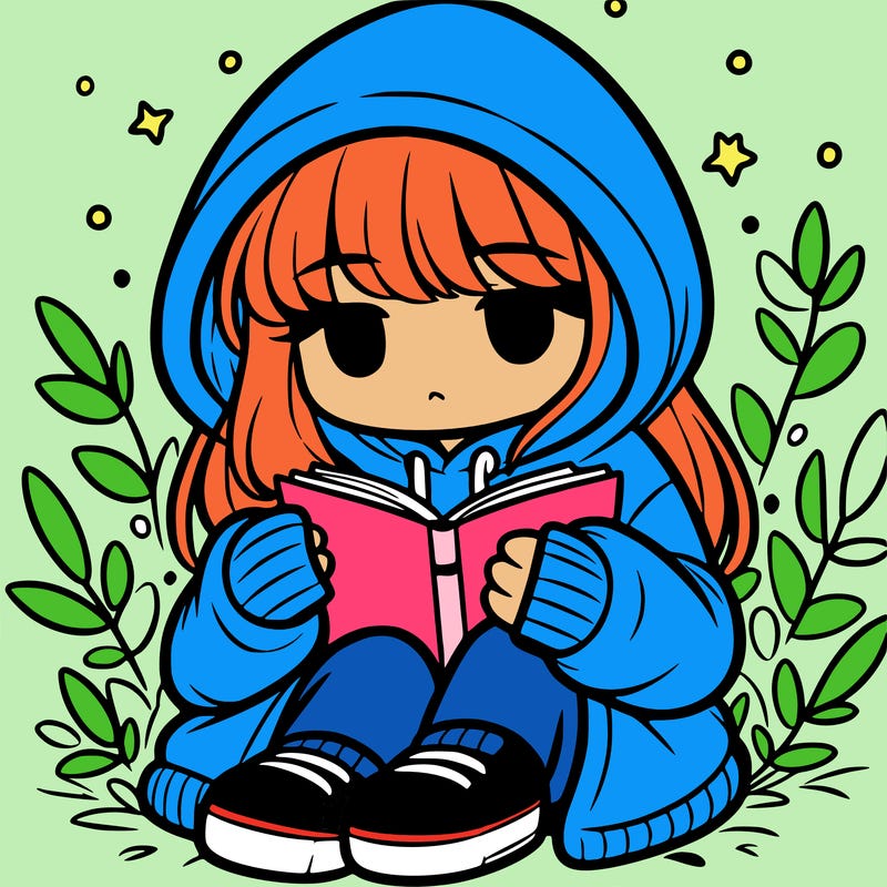 girl in oversized hoodie reading a book