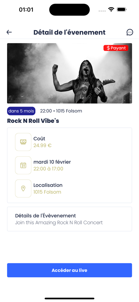 Vivastream - Vivastream app interface showing event details for a live rock concert including price and date