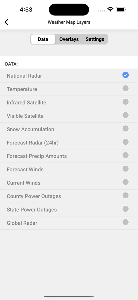 A menu in the WDIV 4Warn Weather app showing various weather map data layers like national radar temperature and power outages