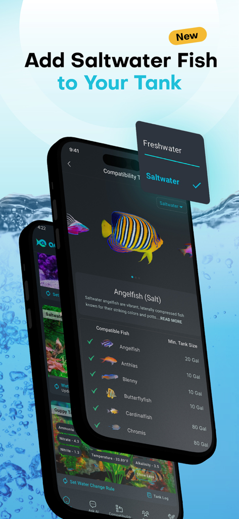 Aquabuildr - Aquabuildr app interface showing saltwater fish compatibility and tank size requirements for an Angelfish.
