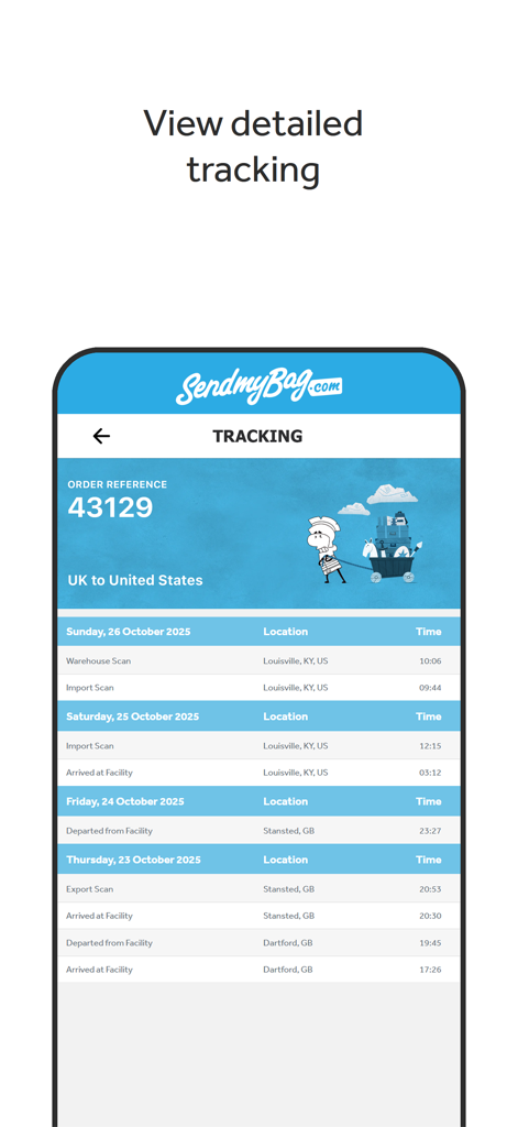 Detaillierte Ansicht der internationalen Sendungsverfolgung in der mobilen App von Send My Bag
