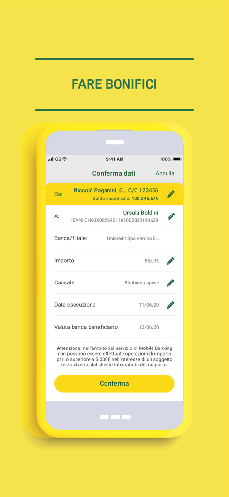 Credem Banca per imprese - Pantalla de confirmación de transferencia bancaria empresarial en la aplicación móvil Credem Banca per imprese