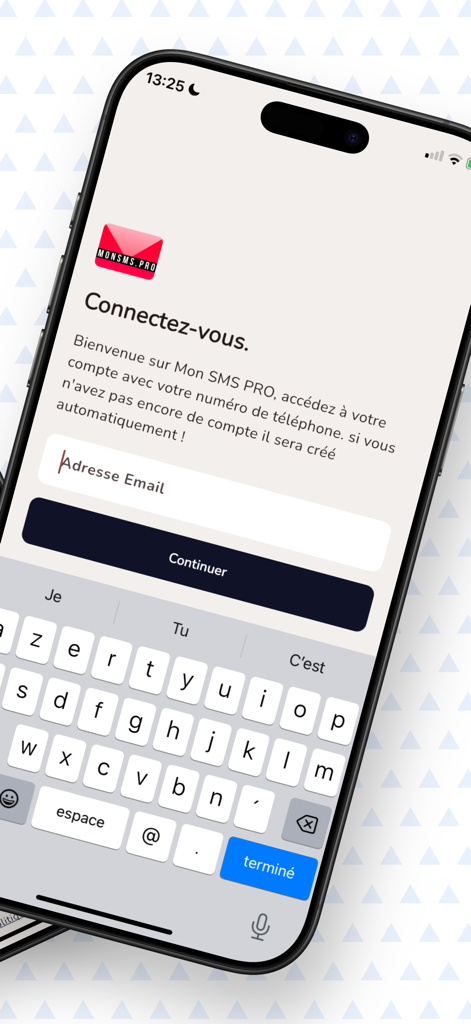 Interface de login e registro para o aplicativo de produtividade empresarial Mon SMS PRO