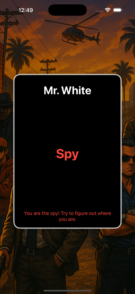 Revelação secreta do papel de Espião para o Sr. White no jogo de festa Undercover