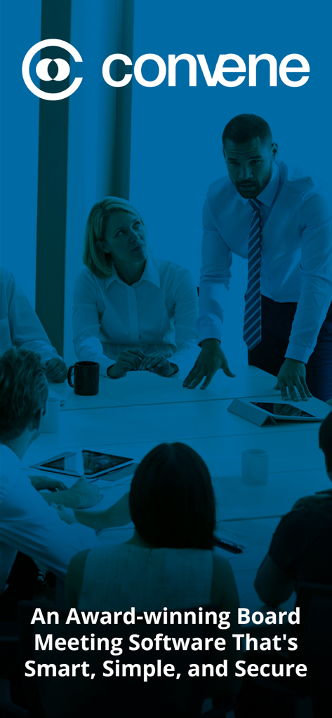 Azeus Convene board meeting software for secure corporate collaboration featuring executives in a professional setting