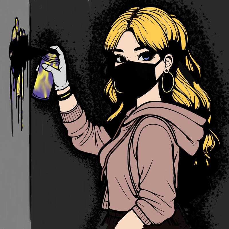 realistic girl with mask spray painting a wall