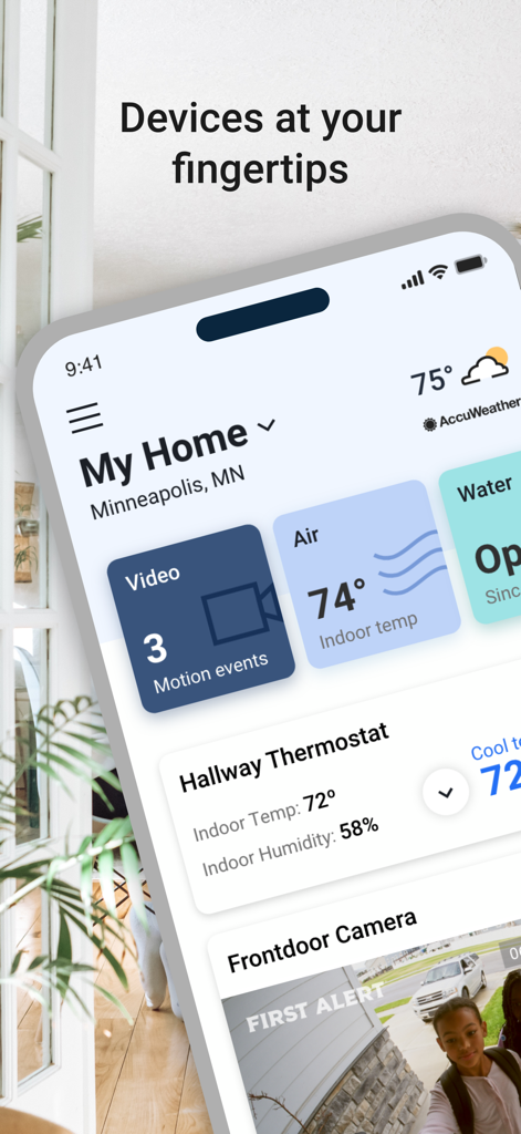 First Alert app dashboard showing smart home device status and security camera feed