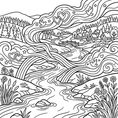 Journey into a world where serene natural beauty meets the vibrant spirit of Pride. This Misty River coloring page invites you to celebrate love, diversity, and community with every stroke of your crayon.
