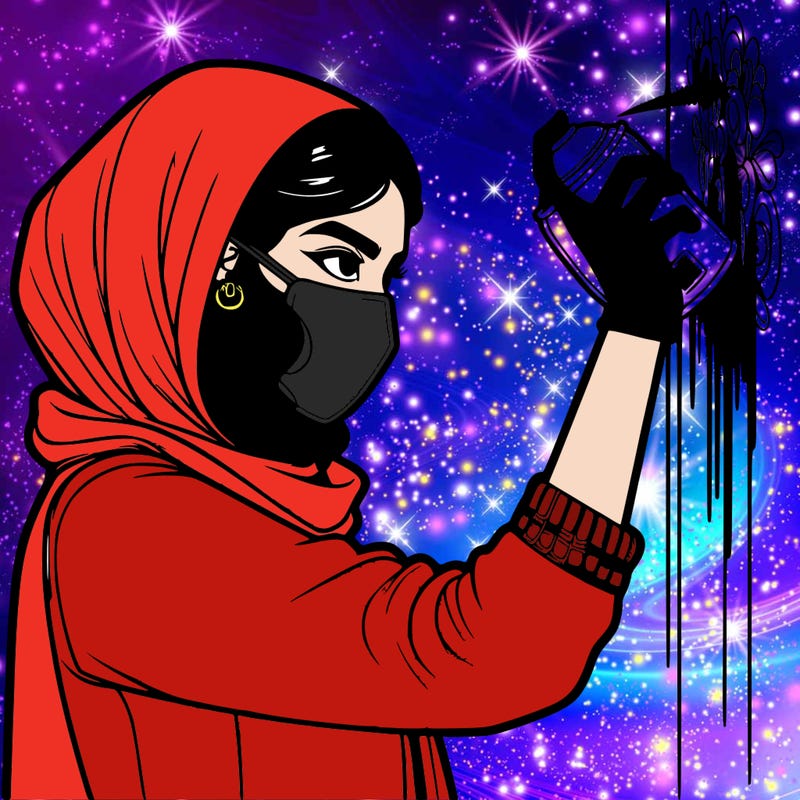 realistic girl with mask spray painting a wall