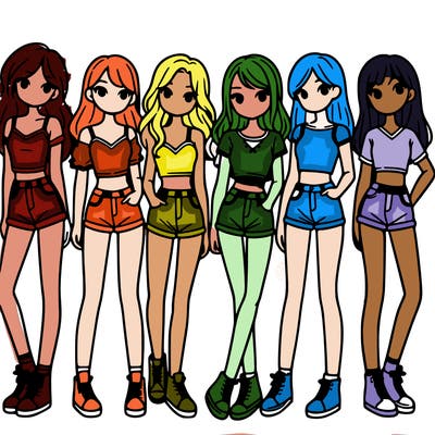 a group of girls wearing crop tops and shorts