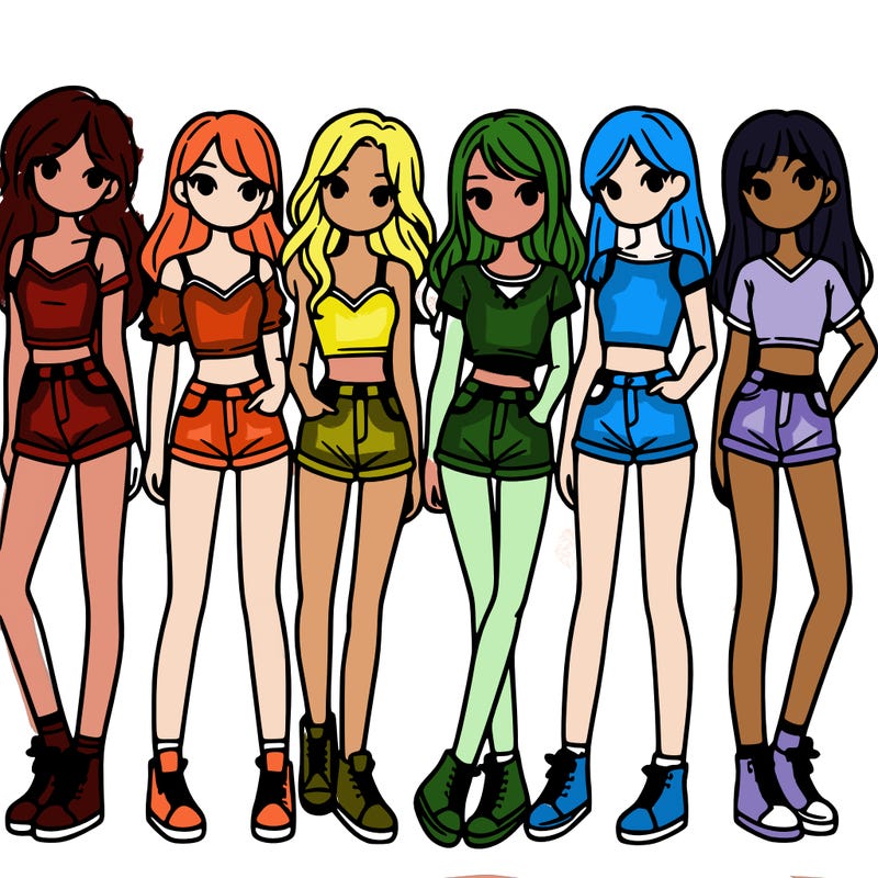 a group of girls wearing crop tops and shorts