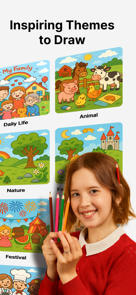 AR Drawing - Trace Anything - A smiling girl holding colored pencils in front of various app drawing categories like animals, nature, and daily life.