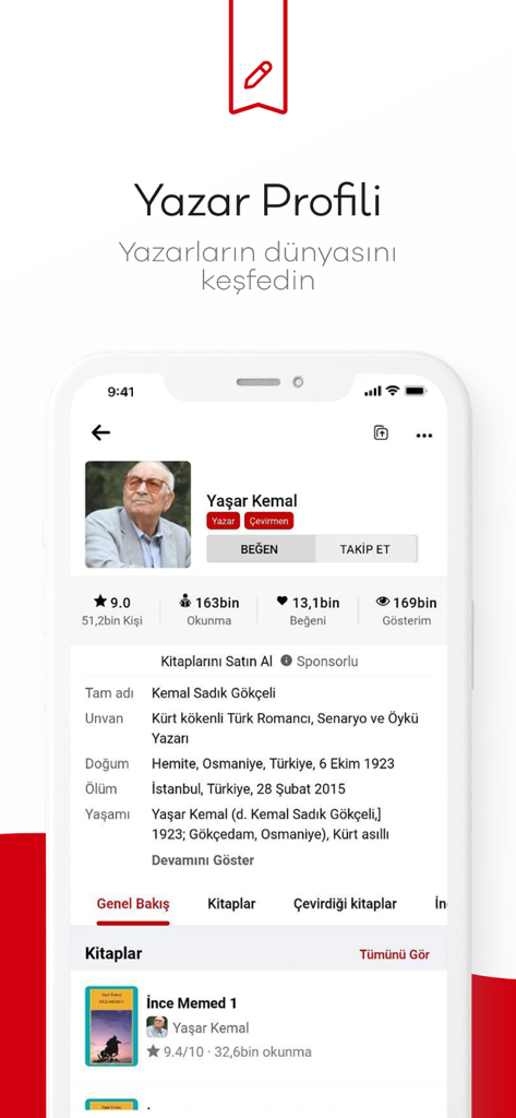 Mobile app interface of 1000Kitap showing an author profile with biography and book collection