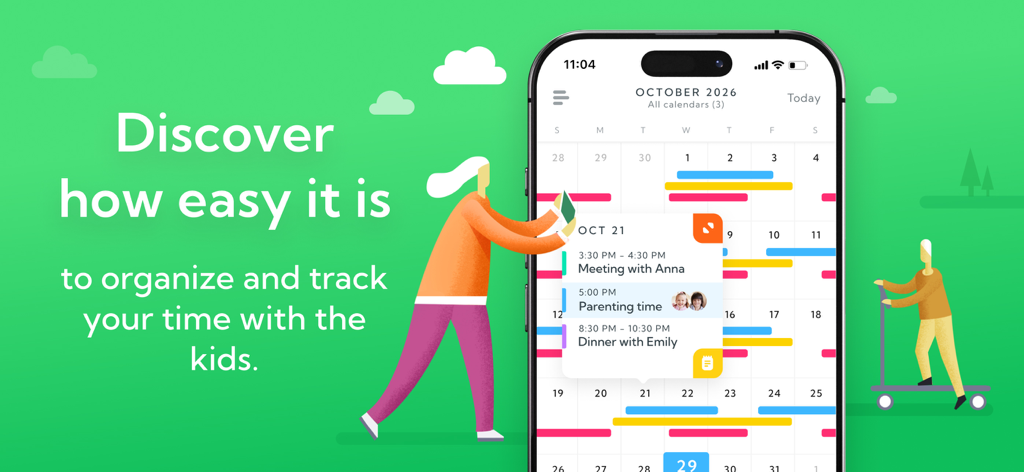 AppClose - Calendrier de l'application mobile AppClose montrant un journal de temps parental planifié et les activités quotidiennes des enfants